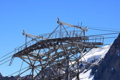 Low angle view of telephone pole against clear blue sky