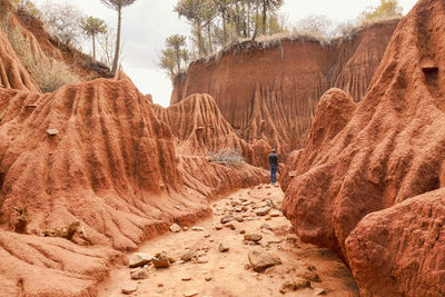 Rear view of a hiker amidst rock formations at ol jogi canyons in nanyuki, kenya 