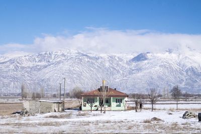 Scenic view of snow covered mountains against sky