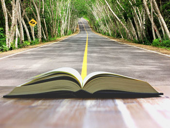 Surface level of empty road by trees in forest