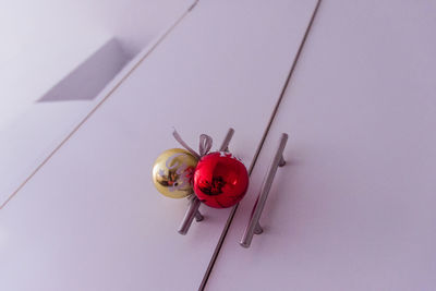 High angle view of red berries against wall