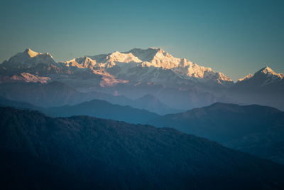 Scenic view of snowcapped mountains against clear sky