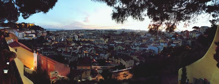 High angle view of townscape against sky during sunset
