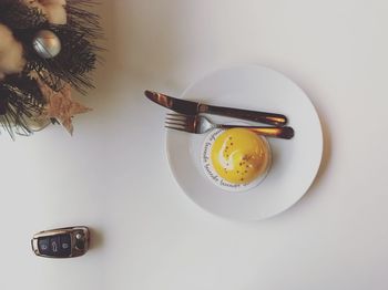 High angle view of breakfast on table