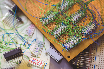 High angle view of circuit board on table