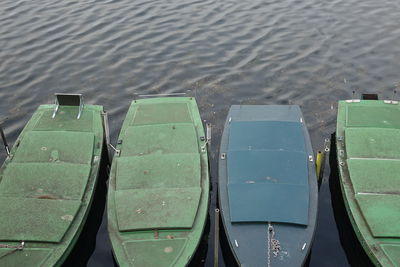 High angle view of boats moored in lake