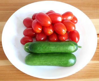 High angle view of fruits in plate on table