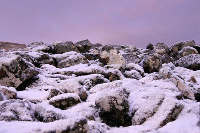 Scenic view of snow covered land against clear sky