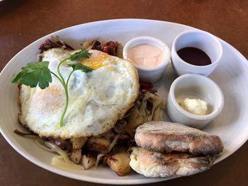 High angle view of breakfast in plate on table