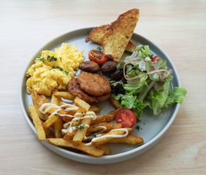 High angle view of breakfast served on table