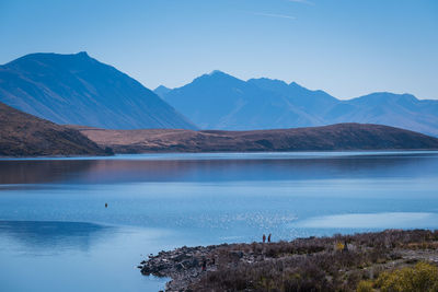 Scenic view of lake and mountains against sky