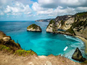 Panoramic view of sea and rocks against sky