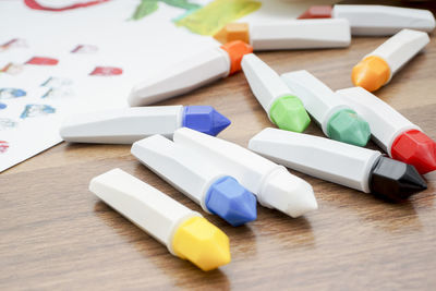 High angle view of toys on table