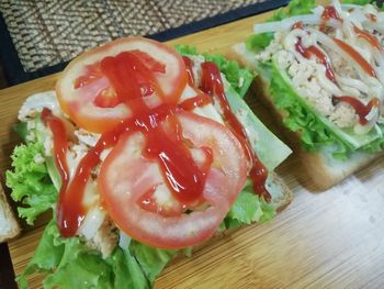 High angle view of breakfast served on table