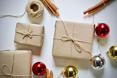 High angle view of christmas decoration on table