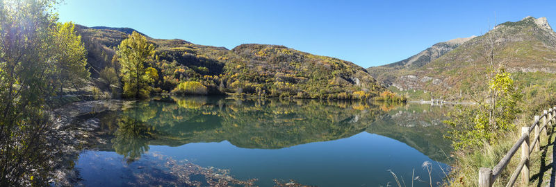 Scenic view of lake and mountains against clear sky