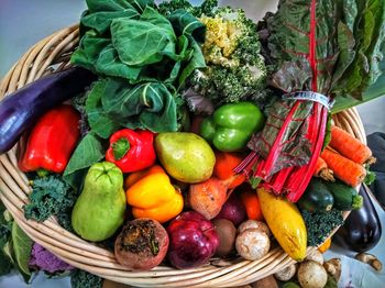 High angle view of fruits and vegetables in basket