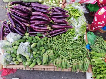 High angle view of vegetables for sale at market stall