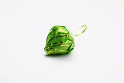 High angle view of green leaf on white background