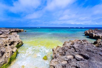 Scenic view of sea against blue sky