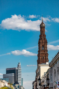 The bell tower of the epiphany cathedral on  main pedestrian street of kazan, landmark of tatarstan