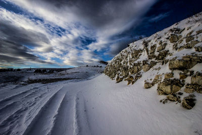 Scenic view of snow covered mountains against sky