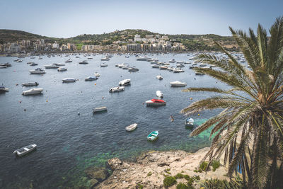 High angle view of boats on sea shore against sky