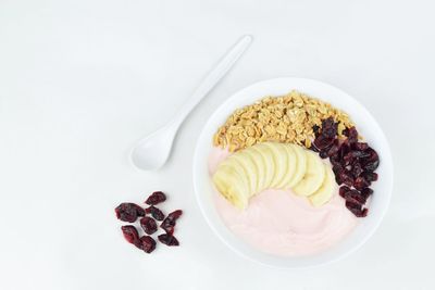 High angle view of breakfast served on table