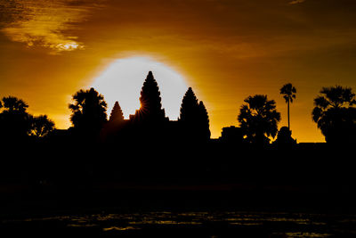 Silhouette trees against orange sky during sunset