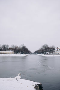 Seagull perching on frozen lake against clear sky