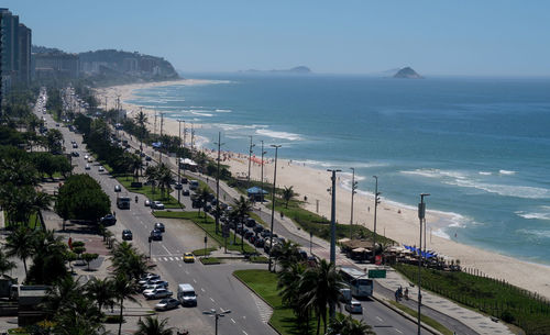 High angle view of road by sea against sky