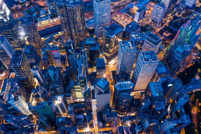 High angle view of illuminated buildings at night