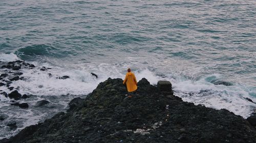 Rear view of man standing on rock by sea