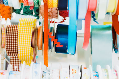 Close-up of colorful ribbons for sale