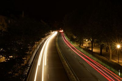 Light trails on road at night