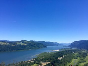 Scenic view of sea and mountains against clear blue sky