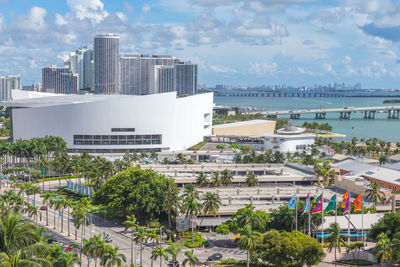 High angle view of buildings against sky