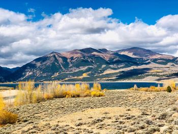 Scenic view of landscape and mountains against sky