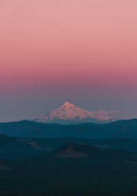 Scenic view of snowcapped mountains against sky during sunset