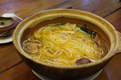 High angle view of soup in bowl