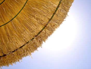 Low angle view of thatched roof against sky