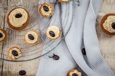 High angle view of cupcakes on table