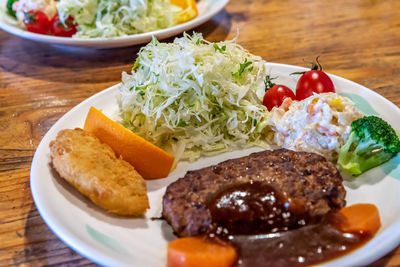 Close-up of food served on table