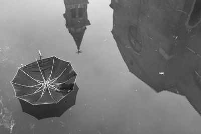 High angle view of reflection in puddle
