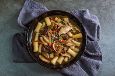 High angle view of noodles in bowl on table