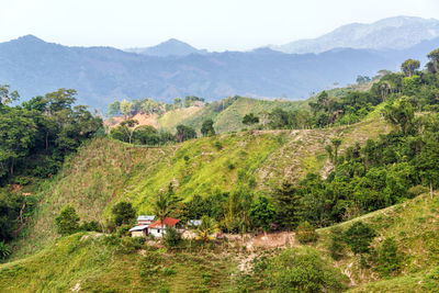 Cottages on hill by green hills