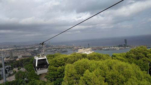 Overhead cable car over sea against sky