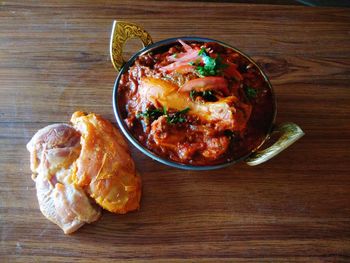 High angle view of meal served on table