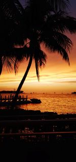 Silhouette palm trees on beach against sky during sunset