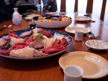 Close-up of food served on table